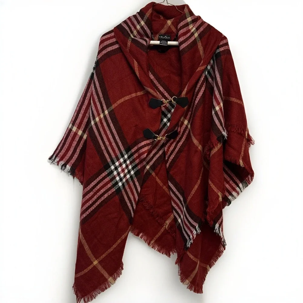 Fraas Red Plaid Poncho Wrap Shawl Collar Gold Toggle Clasp Fringe One Size